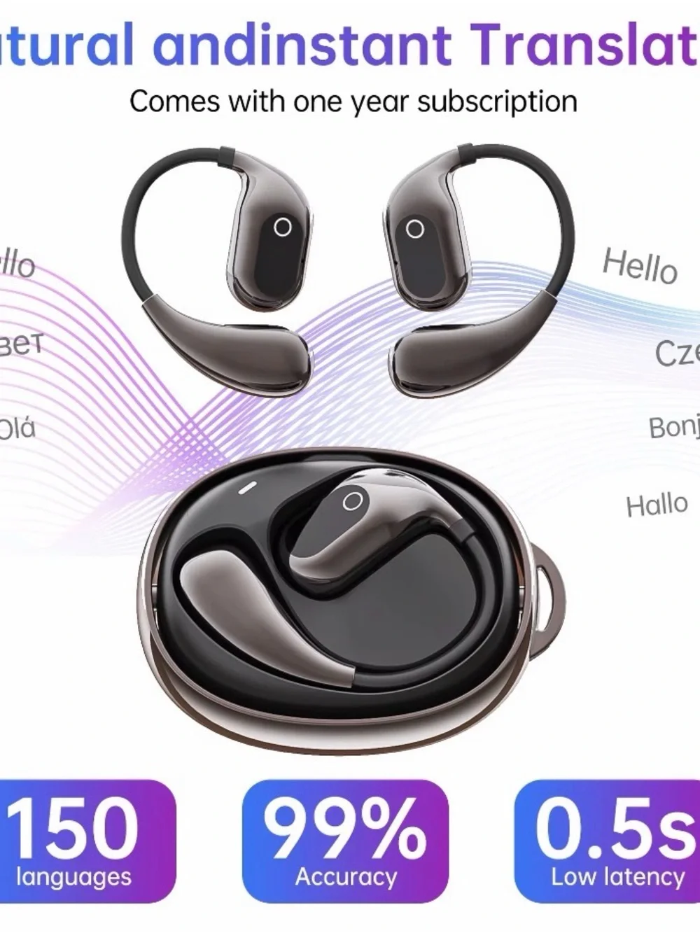 Earphones with AI translation. Over 144 Languages, USB-C fast charging.